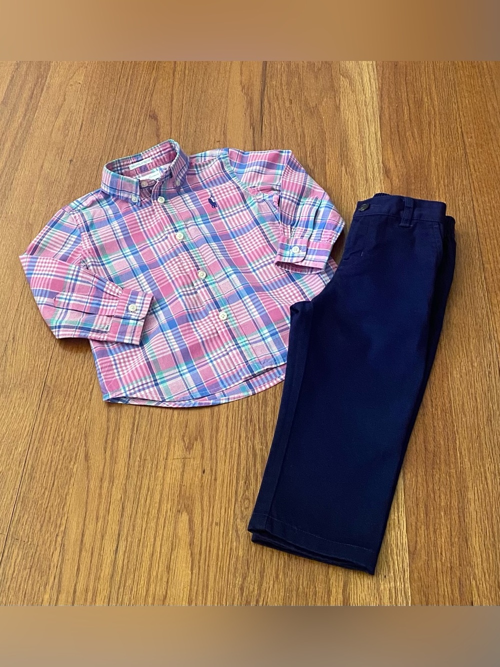 Ralph Lauren Plaid Button-Down Shirt and Abrasion Navy Pants Set